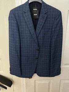 $595 Hugo Boss Men’s Slim Fit Virgin Wool Suit Jacket Blue Windowpane Size 38R - Picture 1 of 4