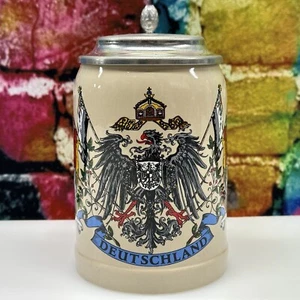DEUTSCHLAND Lidded Beer Stein Germany Brew Bird Flag Crown Crest Shield ZINN SGH - Picture 1 of 24