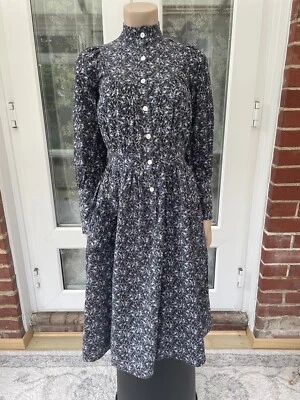 Vintage Laura Ashley 70s Wales Navy Floral High Neck Long Mutton Sleeve Dress 10 - Image 1 of 4