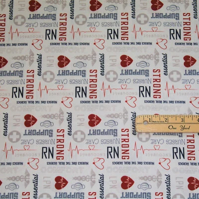 Nobody Fights Alone Nurses Nursing Medical Cotton Fabric  1/2 Yard  #10422 White - Image 1 of 2