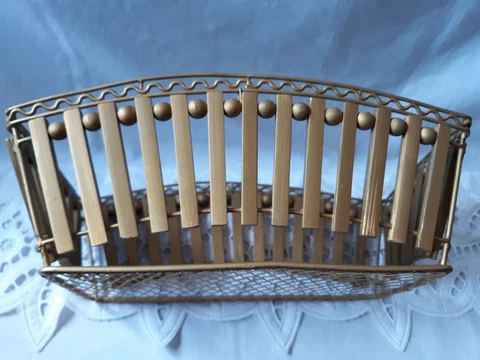 Vintage Mid Century Modern  Brass Wire Wooden Bead Decorative Basket Cover