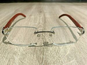 Cartier 3524012 Clear Lens Silver Frame Wood Material Eyeglasses