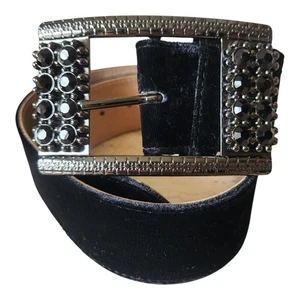 Chico's Black Velvet Leather Belt Rhinestone Embellished Gunmetal Women’s Small - Foto 1 di 9