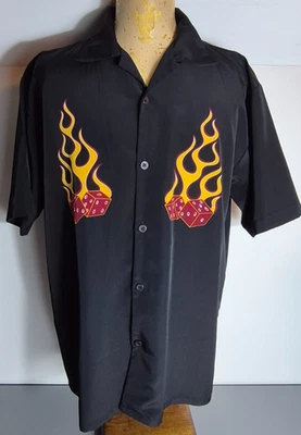 Vintage Dragonfly Mens Button-Up Flaming Dice Camp Shirt L Black - Image 1 of 3