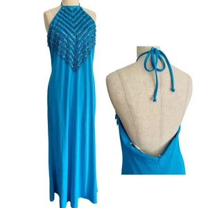 VTG De Laru Blue Turquoise Aqua Beaded Maxi Gown Dress Y2K Halter Evening 90s - Picture 1 of 18