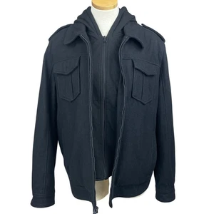 GUESS Mens (L) Military Black Jacket Zip-Out Hoodie Pockets Coat Utility Lined - Picture 1 of 6