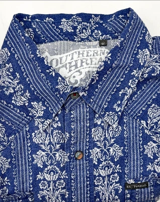 Southern Thread Shirt Men’s Medium Blue Modern Floral Pearl Snap Western Rodeo - Image 1 of 4