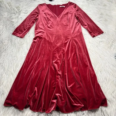 Coldwater Creek Women's M Red Basque Waist Fit Flare Velvet Midi Dress - Image 1 of 4