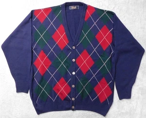 Pringle of Scotland Sweater Men's 42 Navy Argyle Wool V-Neck Cardigan Grandpa - Picture 1 of 10