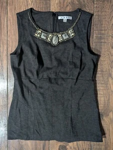 CAbi Women's Formal Charcoal Gray Blouse Neckline Heavy Jeweled Accents Size 4 - Picture 1 of 14