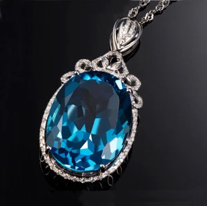 New Charm Women Jewelry Oval Swiss Blue Topaz Gemstone Silver Necklace Pendants - Picture 1 of 6