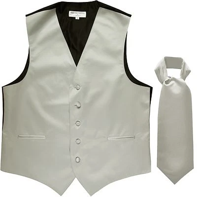 New Men's Solid Tuxedo Vest Waistcoat & Ascot Cravat Silver Wedding - Image 1 of 4