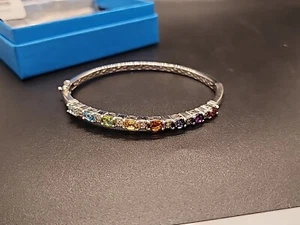 7.5" Multicolor Tourmaline Rhodium Over .925 w/ Topaz Accents Hinged Bracelet - Picture 1 of 10