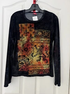 NWT Glima Long Sleeve Top Printed Tie Dye Velvet Black Sz Medium Lion  Juniors - Picture 1 of 5