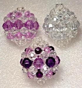 VINTAGE Handmade Beaded Christmas Ornaments Clear Faceted Teardrop - Set of 3 - Picture 1 of 3