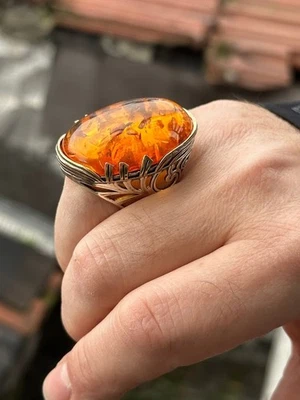 Anillo grande de piedra ámbar báltico natural de plata estilo otomano 925 Foto 1 de 4