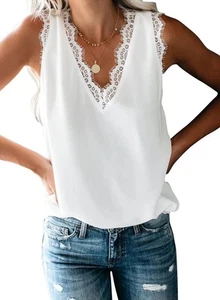 Women Ladies Sexy V Neck Lace Trim Tank Tops Casual Loose Sleeveless Blouse S... - Picture 1 of 6