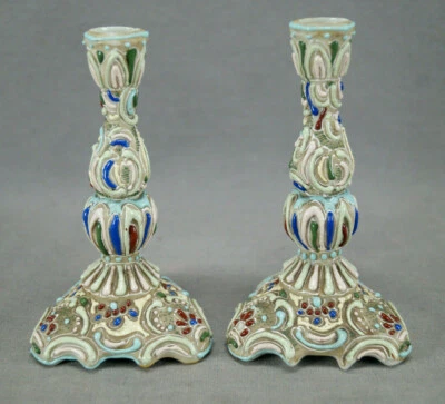 Pair of Nippon Multicolor Raised Enamel Small Size Candle Sticks Candle Holders - Image 1 of 4