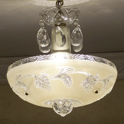 145b Antique Vintage Ceiling Light Lamp Fixture Glass Shade 40s arT Deco crystal Cover