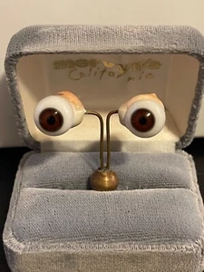 vintage Hand Blown Glass Doll Eyes on Rocker Brown Pair Round Eyes 12mm - Picture 1 of 10
