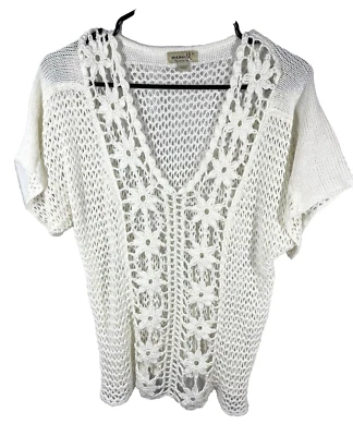 Suéter Top Blanco Crochet Talla Pequeña Y2K Tejido Abierto Boho Manga Corta Cottage Cor Foto 1 de 4