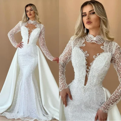 Glamorosos Vestidos de Novia Sirena Boda Desmontables Tren Lentejuelas Cuello Alto Foto 1 de 4
