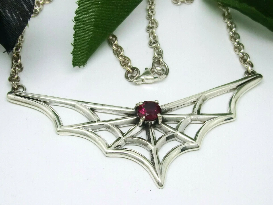 Ragnatela Stilisiert Collier Collana 925 Zirconi Argento Sterling Rosso Gotico - Immagine 1 di 1