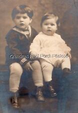 Cute Chubby Little Boys w Leggings circa 1920 Sepia Antique Vintage Photo