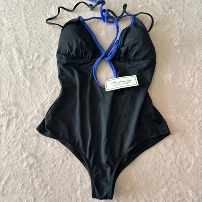 Nuevo con etiquetas Traje de baño Shoshanna para mujer talla 10 negro de una pieza con ribete azul Foto 1 de 4