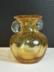Vintage Hand Blown Glass Round Amber Yellow Vase With Handles - Picture 1 of 19