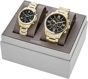 $330 / FOSSIL His/Hers FLYNN Gold/Black Dial CHRONOGRAPH Watch Set -BQ2400SET - Foto 1 di 8