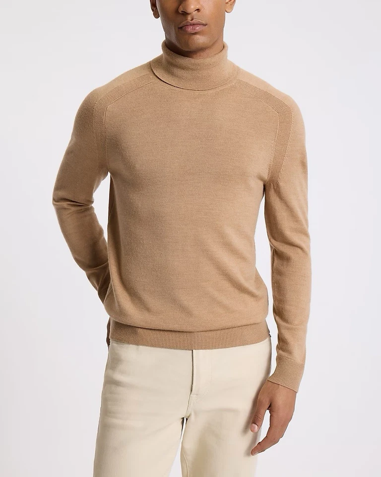 Suéter de cuello alto 100 % lana merino para hombre $88 Express camel brezo talla M Foto 1 de 4