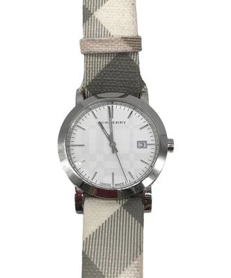 BURBERRY BU1798 男式手表 模拟 圆形 日期 白色 银色 烟熏支票 — 第 1/4 张图片