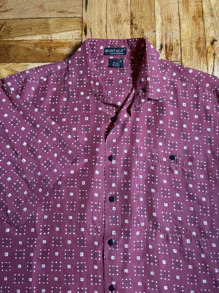 Мужская красная бордовая рубашка Montage с геометрическим узором из 100% шелка размер L короткий рукав - Изображение 1 из 4