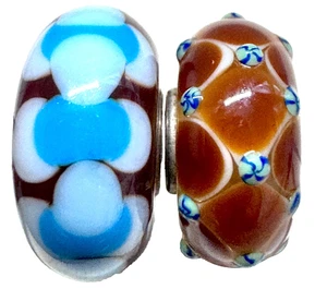 (SET OF 2) Trollbeads Serling Silver Glass Beads Blue-Brown DUO. - Picture 1 of 8