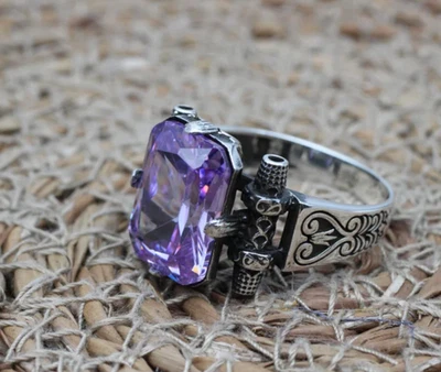 Anillos turcos hechos a mano corte faceta piedra púrpura 925 plata de ley regalo para hombre 002 Foto 1 de 4