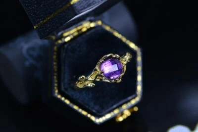 3Ct Round Cut Natural Amethyst Yellow Gold Plated Silver Art Deco Ring For Women - Image 1 of 4
