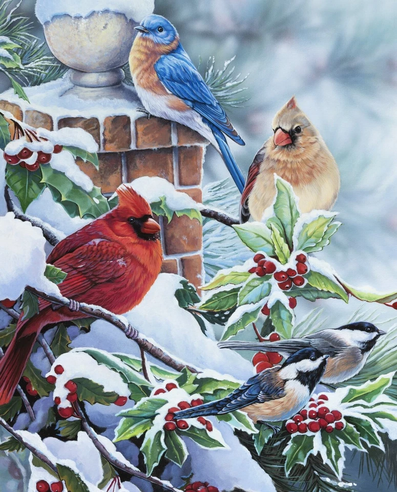 35" Fabric Panel - David Textiles Digitally Printed Songbird & Holly Wallhanging - Image 1 of 1