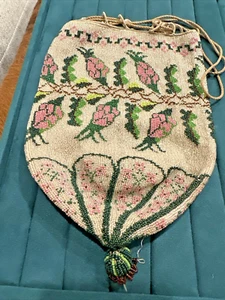 Antique Glass Beaded Floral Drawstring Purse Clutch Reticule Flapper Fringe - Picture 1 of 11