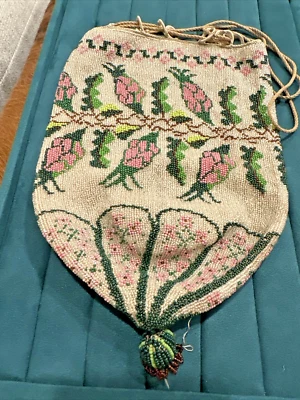 Antique Glass Beaded Floral Drawstring Purse Clutch Reticule Flapper Fringe - Image 1 of 4