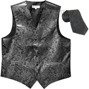 New Men's Formal Vest Tuxedo Waistcoat_necktie paisley pattern prom dark gray - Picture 1 of 3