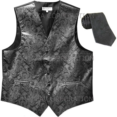 New Men's Formal Vest Tuxedo Waistcoat_necktie paisley pattern prom dark gray - Image 1 of 3