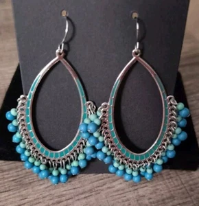 Beaded Turquoise Chandelier Earrings Boho Turquoise Enamel Inlay Silver Tone  - Picture 1 of 3