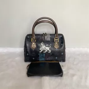 MCM Vintage Black Princess Lion Coated Canvas & Leather Boston Satchel Handbag - Picture 1 of 12