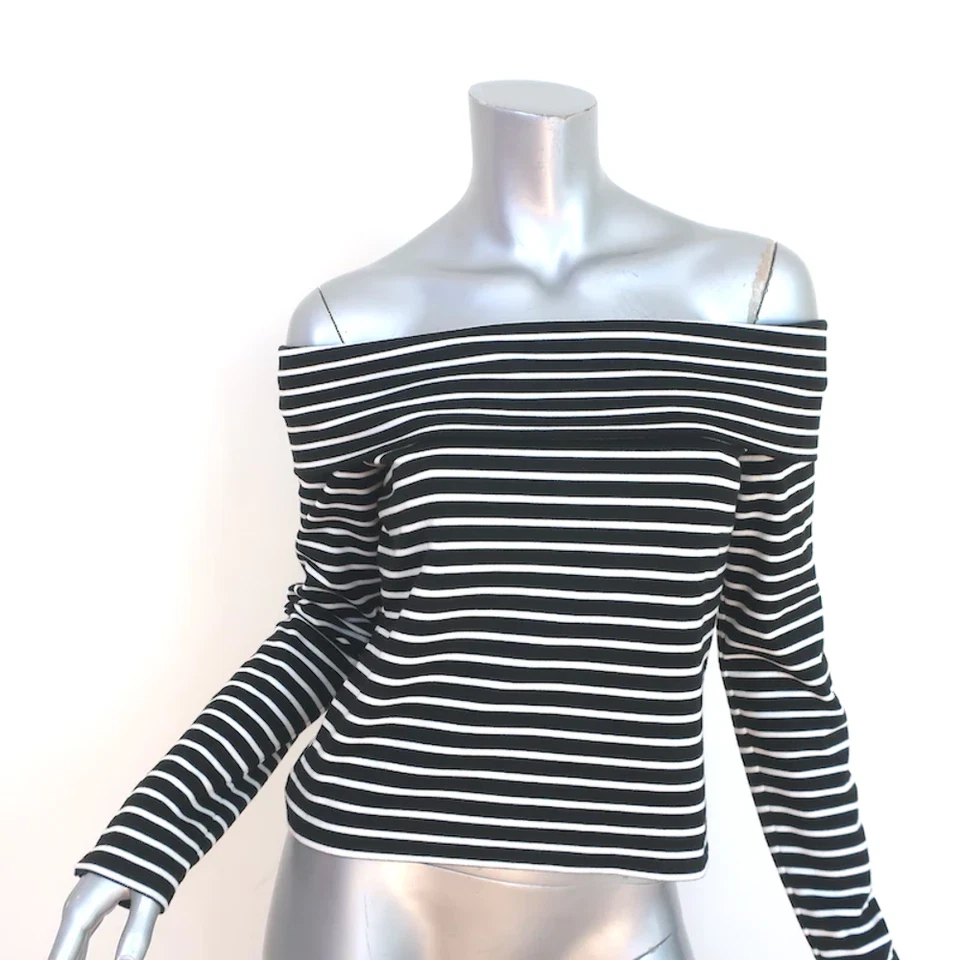 Camiseta deportiva Derek Lam 10 Crosby fuera del hombro negra/blanca a rayas talla mediana Foto 1 de 4