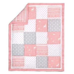 Coral Pink Woodland Patchwork 100% Cotton Crib Quilt by The Crib, Coral/Mint - Picture 1 of 2