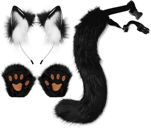 Faux Fur Wolf Ears Headband Fox Tail and Paw Gloves Set Cosplay Halloween Costum - Picture 1 of 12