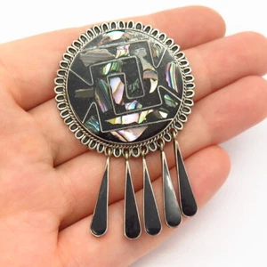 925 Sterling Silver Vintage Mexico Abalone Inlay & Enamel Tribal Brooch Pendant - Picture 1 of 5