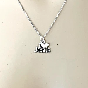 "I Love Jesus" Heart Pendant Necklace | Silver Tone Faith Jewelry-Rope or Chain - Picture 1 of 9