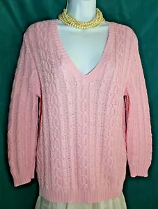 RALPH LAUREN Pink Cabled V-Neck Sweater 3/4 Sleeve Mercerized Cotton Sz M NWOT - Picture 1 of 4